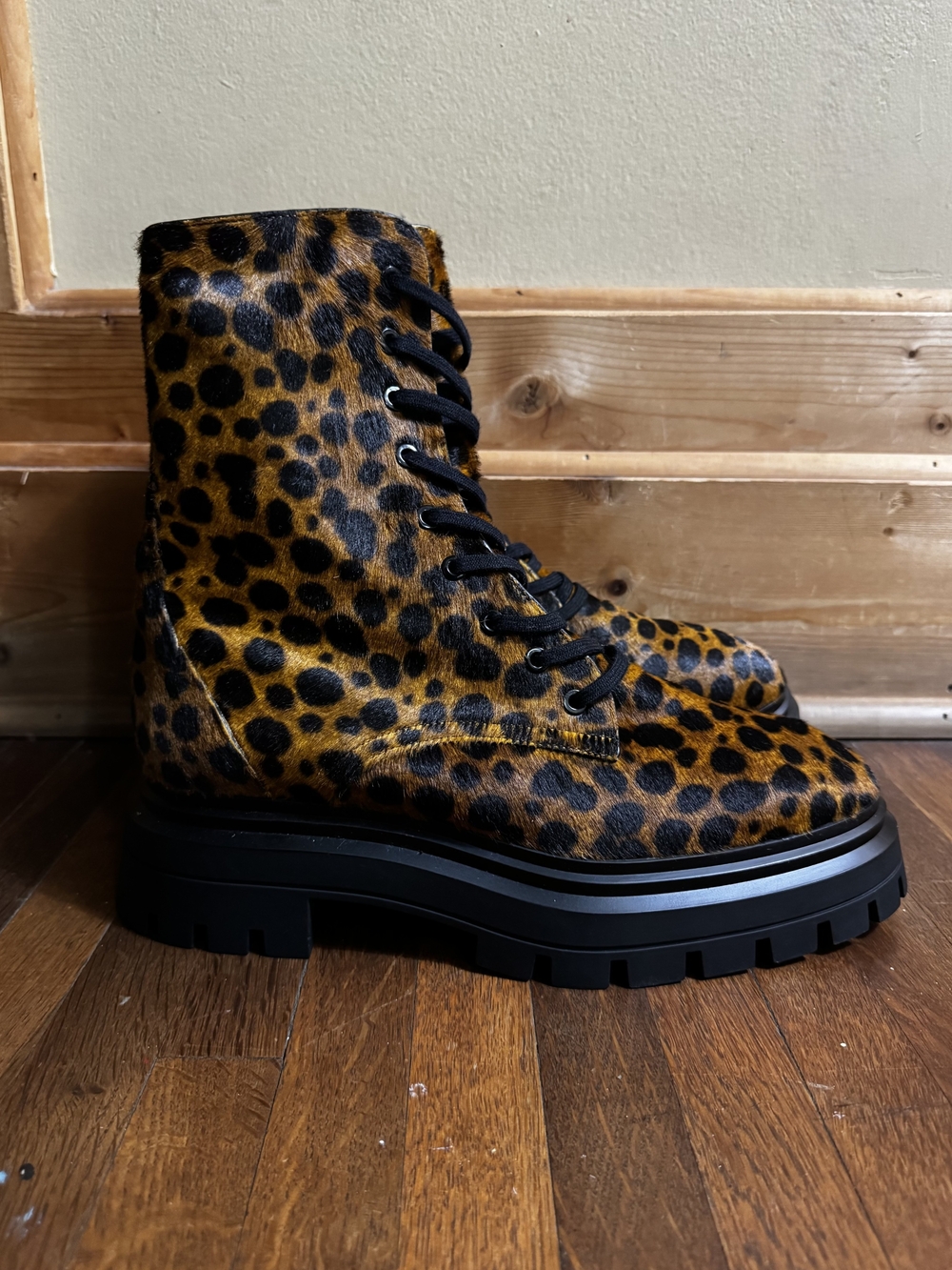 Stuart Weitzman Leopard-Print Lace-Up Combat Boots - Brown/Black - Picture 3 of 4